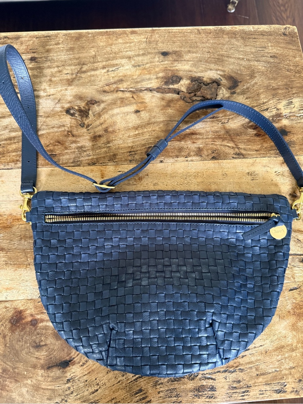 Clare V. Navy  Leather Crossbody Bag with Gold Hardware